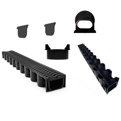 4 x 1m Lengths Shallow Flow Drainage Channel A15 Heelguard  PVC Channel Including 2x Endcaps 1x End Outlet 110mm & 1x Body Outlet