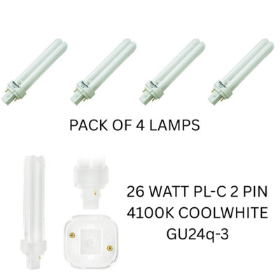 4 X 26W COMPACT FLUORESCENT 2 PIN GU24q-3 4100K COOL WHITE PLC ENERGY SAVING LONG LIFE