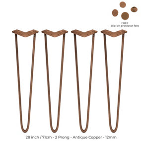 4 x 28" Hairpin Legs - 2 Prong - 12mm - Antique Copper