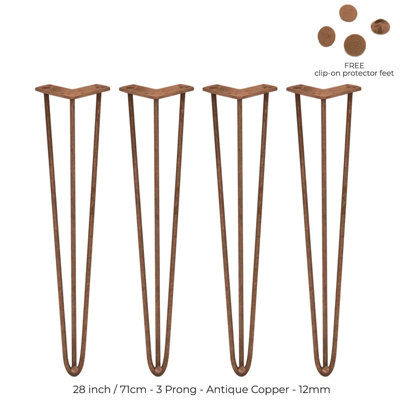 4 x 28" Hairpin Legs 3 Prong 12mm Antique Copper DIY at B&Q