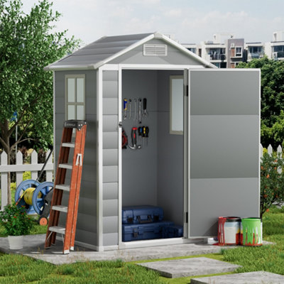 4 x 3 ft Grey Plastic Shed Garden Storage Shed Apex Roof with Hinged Door and Windows