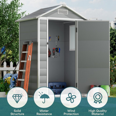 4 x 3 ft Grey Plastic Shed Garden Storage Shed Apex Roof with Hinged Door and Windows