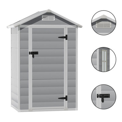 4 x 3 ft Grey Plastic Shed Garden Storage Shed Apex Roof with Hinged Door and Windows