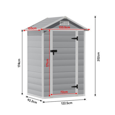 4 x 3 ft Grey Plastic Shed Garden Storage Shed Apex Roof with Hinged Door and Windows