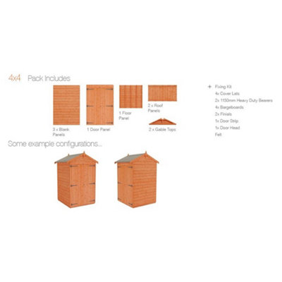 4 x 4 (1.23m x 1.15m) Windowless Wooden Tongue and Groove APEX Shed + Double Doors (12mm T&G Floor and Roof) (4ft x 4ft) (4x4)
