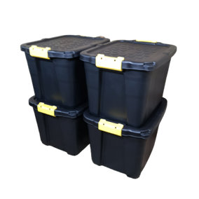 4 x 42L Heavy Duty Storage Tubs Sturdy, Lockable, Stackable and Nestable Design Storage Chests with Clips in Black