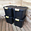 4 x 42L Heavy Duty Storage Tubs Sturdy, Lockable, Stackable and Nestable Design Storage Chests with Clips in Black