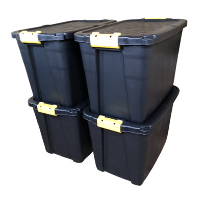 4 x 60L Heavy Duty Storage Tubs Sturdy, Lockable, Stackable and Nestable Design Storage Chests with Clips in Black