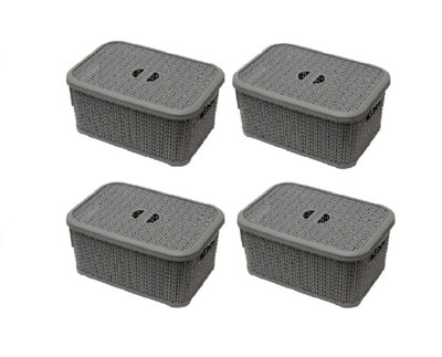 4 x 6L Loop Effect Grey Rectangle Plastic Storage Basket With Lid 28cm