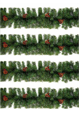 4 x Artificial Christmas Garland Red Berry & Pine Cones Green Garland 2.7M