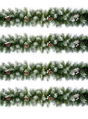 4 x Artificial Christmas Garland Snow Tipped White Berry and Pine Cone Green Garland 2.7M