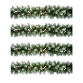 4 x Artificial Christmas Garland Snow Tipped White Berry and Pine Cone Green Garland 2.7M