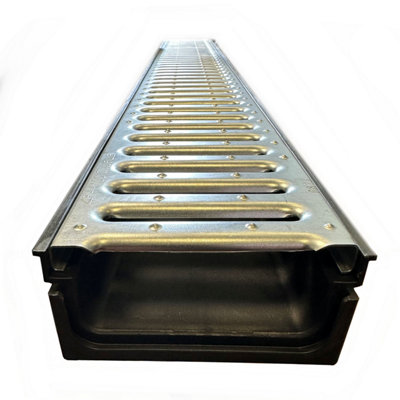 4 x Black channel with galvanised Steel Grate Ultra Low Profile Shallow Flow Drain Plastic Grating 50mm Deep x 1m Length x 125mm