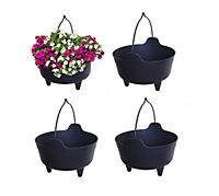 4 x Black Plastic Cauldron Planter Flower Basket With Handle Small Round Pot 26cm