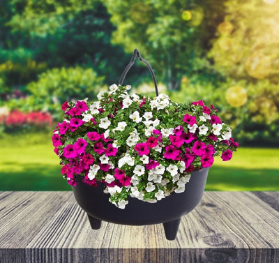 4 x Black Plastic Cauldron Planter Flower Basket With Handle Small Round Pot 26cm