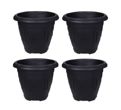 4 x Black Round Venetian Pot Decorative Plastic Garden Flower Planter Pot 24cm