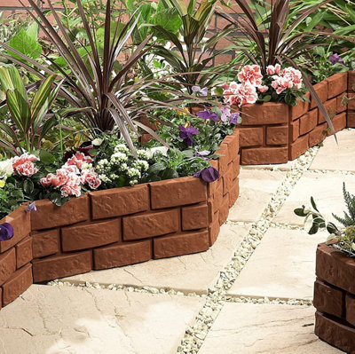 4 x Brick Effect Garden Border Edging Strips - Terracotta Weatherproof Interlocking Fence or Planter Panels - Each H17.5 x L43cm