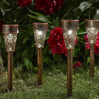 4 x Bronze Damask Solar Stake Lights - Outdoor Garden LED Lighting for Pots, Paths, Borders, Driveways - Each H36.5 x 6cm Diameter