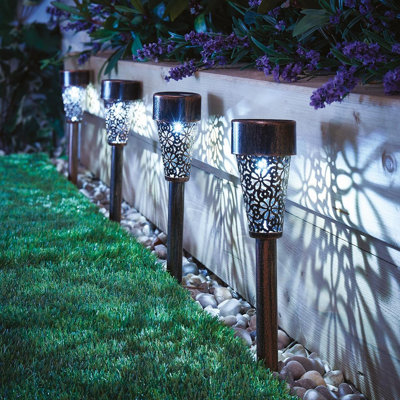 4 x Bronze Damask Solar Stake Lights - Outdoor Garden LED Lighting for Pots, Paths, Borders, Driveways - Each H36.5 x 6cm Diameter