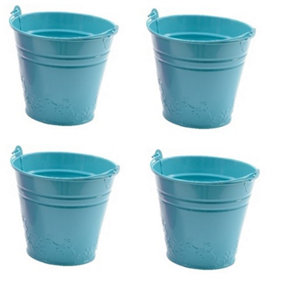 4 x Childs Metal Bucket Planter Zinc Flower Pot Tin Pen Pot Craft Pot Bright Blue