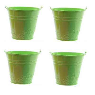 4 x Childs Metal Bucket Planter Zinc Flower Pot Tin Pen Pot Craft Pot Bright Green