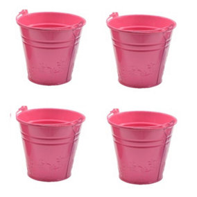 4 x Childs Metal Bucket Planter Zinc Flower Pot Tin Pen Pot Craft Pot Bright Pink