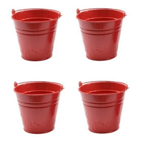 4 x Childs Metal Bucket Planter Zinc Flower Pot Tin Pen Pot Craft Pot Bright Red