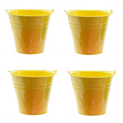 4 x Childs Metal Bucket Planter Zinc Flower Pot Tin Pen Pot Craft Pot Bright Yellow