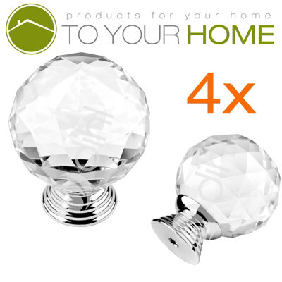 4 x Crystal Door Knobs Globe Clear Cabinet Drawer Wardrobe Handle (CRY01-4)