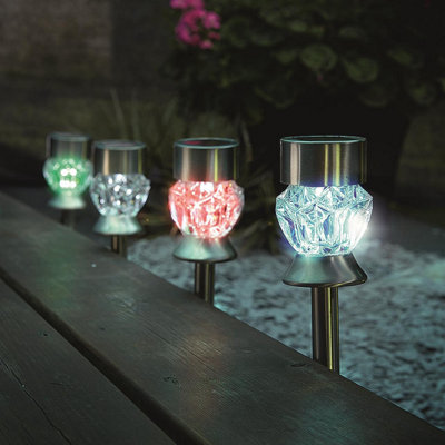 4 x Crystal Glass Colour-Changing Solar Powered LED Stake Lights - Weather Resistant Garden Patio, Pathway or Tabletop Lighting