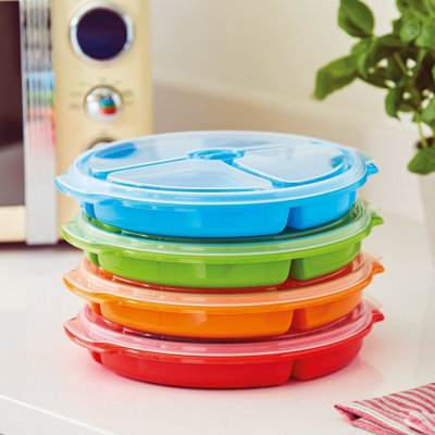 4 x Divided Food Storage Plates Microwave Fridge Freezer Dishwasher Safe Plastic Plate Set with Sealable Vented Lids