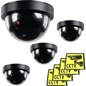 4 x Dummy CCTV Security Dome Camera With Built-In Flashing LED & Warning Stickers