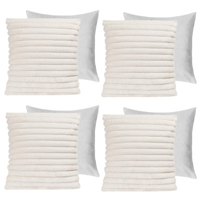 4 x Faux Fur Thick Rib Filled Cushion Covers