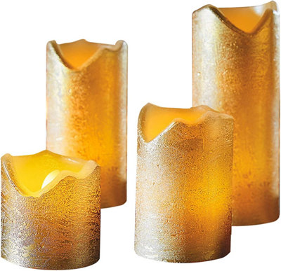 4 x Gold Real Wax LED Pillar Candles - Battery Powered Flickering Light Home Decoration - One of Each 5, 7.5, 10 & 13cm