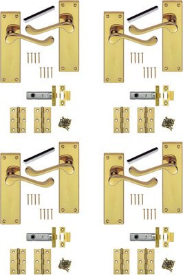 4 x Golden Grace Polished Brass Scroll Internal Door Handles 150mm with Hinges & Latches