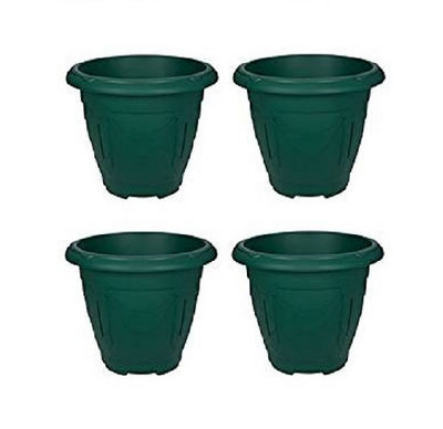 4 x Green Round Venetian Pot Decorative Plastic Garden Flower Planter Pot 24cm