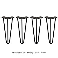 4 x Hairpin Leg - 12 - Black - 3 Prong - 10m