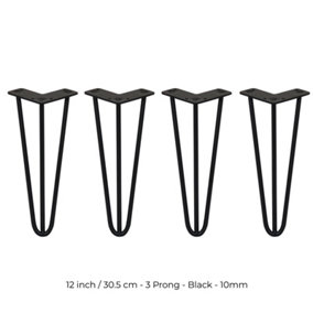 4 x Hairpin Leg - 12 - Black - 3 Prong - 10m