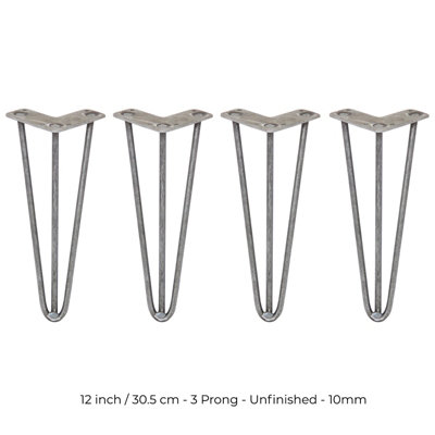 4 x Hairpin Leg - 12 - Unfinished - 3 Prong - 10m