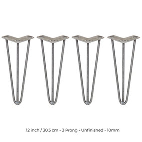 4 x Hairpin Leg - 12 - Unfinished - 3 Prong - 10m