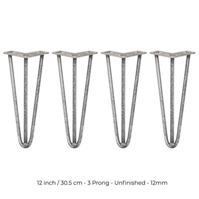 4 x Hairpin Leg - 12 - Unfinished - 3 Prong - 12m