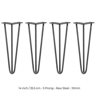 4 x Hairpin Leg - 14 - Unfinished - 3 Prong - 10mm