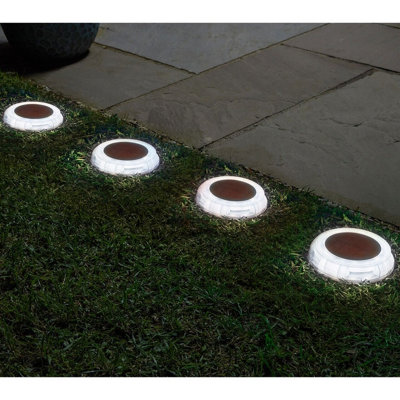 4 x LED Disk Lights - Solar Powered Outdoor Garden Staked Lighting with White or Multicoloured LEDs for Paths, Decking, Borders