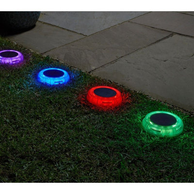 4 x LED Disk Lights - Solar Powered Outdoor Garden Staked Lighting with White or Multicoloured LEDs for Paths, Decking, Borders