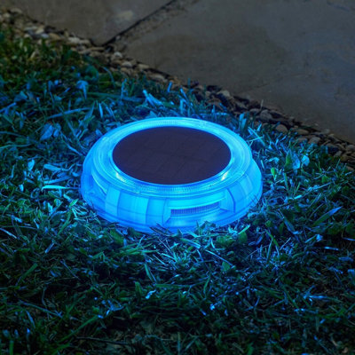 4 x LED Disk Lights - Solar Powered Outdoor Garden Staked Lighting with White or Multicoloured LEDs for Paths, Decking, Borders
