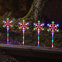 4 x Multicoloured Large Snowflake Stake Lights - Battery Powered Indoor Outdoor Garden Pathway Lighting with 64 LEDs & Timer