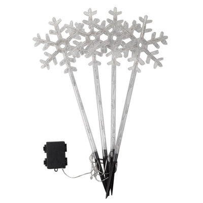 4 x Multicoloured Large Snowflake Stake Lights - Battery Powered Indoor Outdoor Garden Pathway Lighting with 64 LEDs & Timer