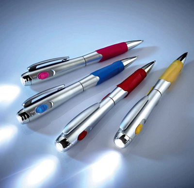 4 x Pen Torches - Pocket Sized Black Ink Ballpoint Pens with Built-In Flashlights In Pink, Yellow, Blue and Red Designs