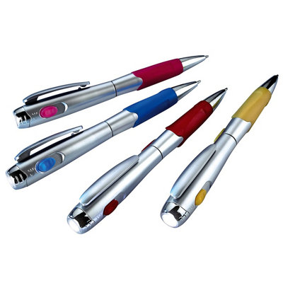 4 x Pen Torches - Pocket Sized Black Ink Ballpoint Pens with Built-In Flashlights In Pink, Yellow, Blue and Red Designs