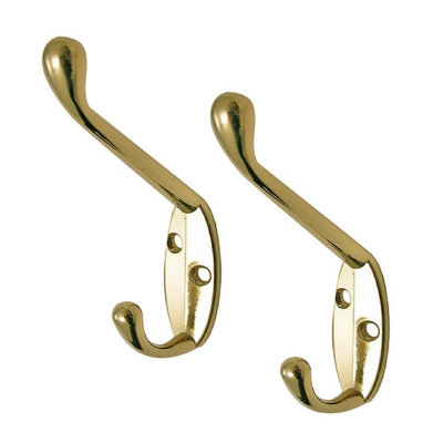 4 x Polished Brass Metal Double Hat & Coat Hooks, Door & Wall Robe ...